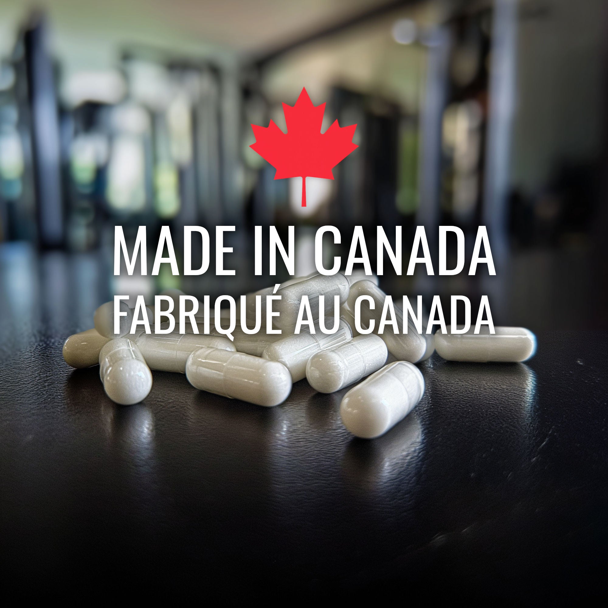 White capsules on a dark surface with 'Made in Canada' text and a red maple leaf.