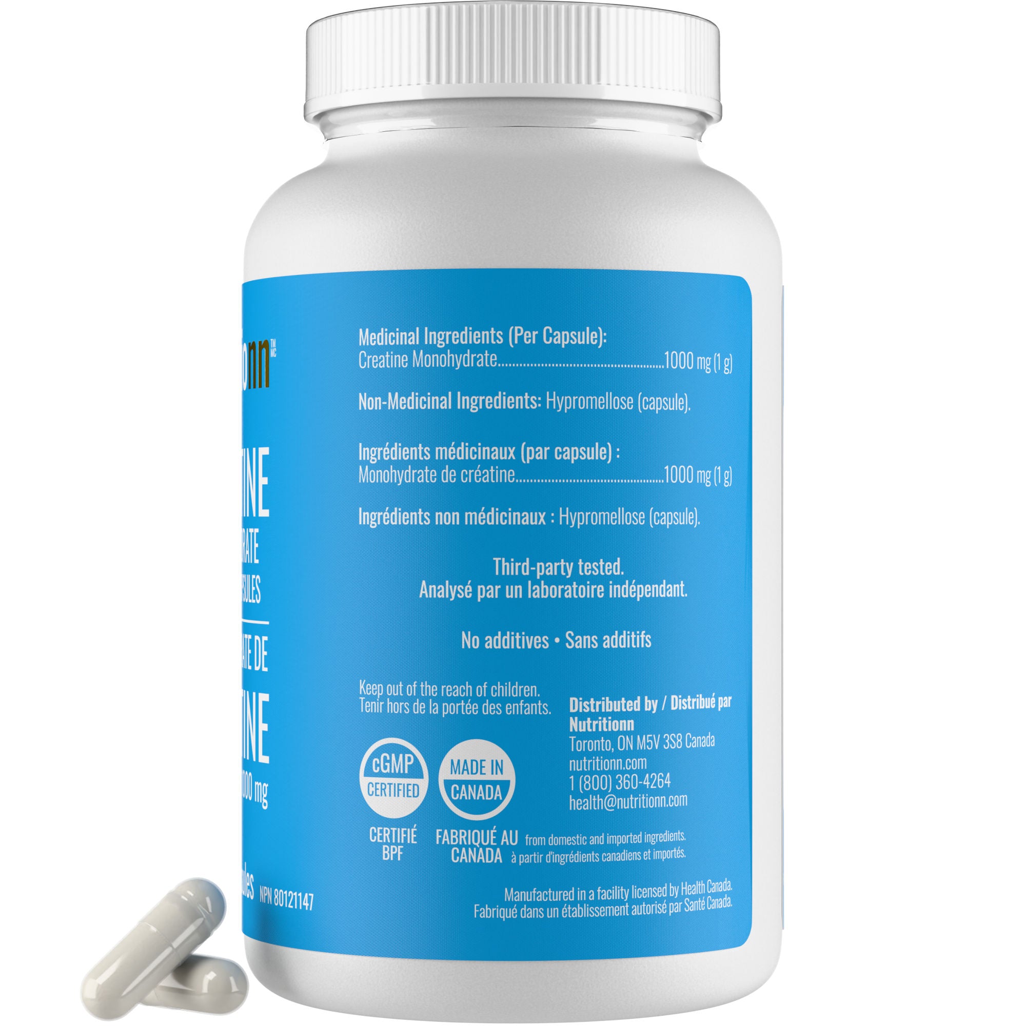 Nutritionn Creatine Monohydrate supplement bottle with blue label on a white background