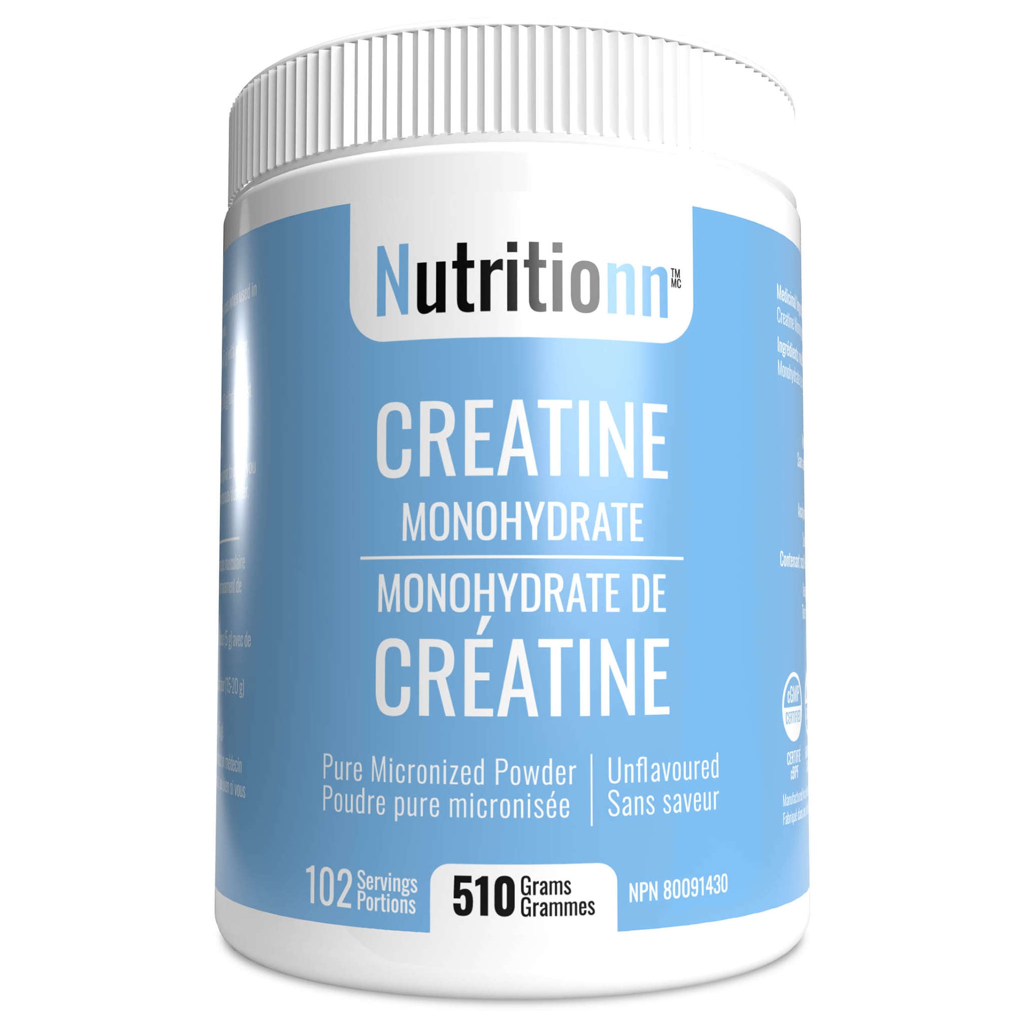 A jar of Nutritionn brand Creatine Monohydrate Powder, labeled as 510 grams with 102 servings of 5 grams each.