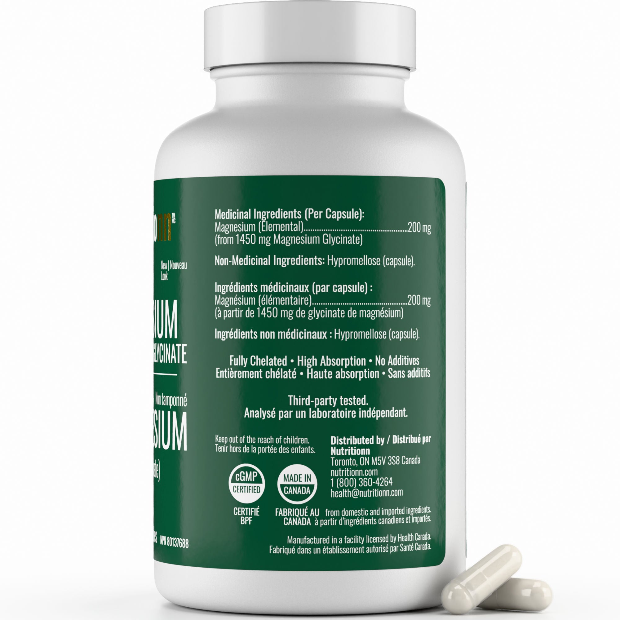 Supplement bottle with green label on a white background