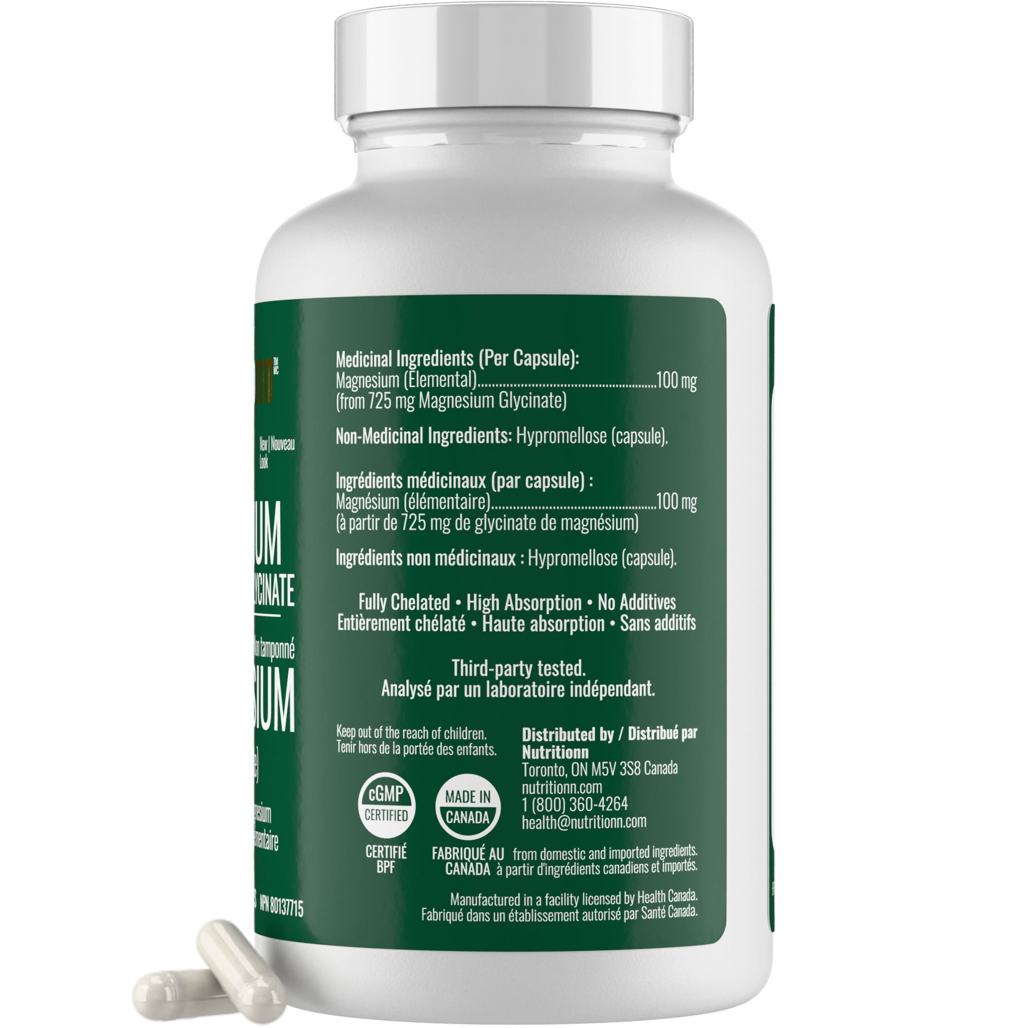 Supplement bottle with green label on a white background