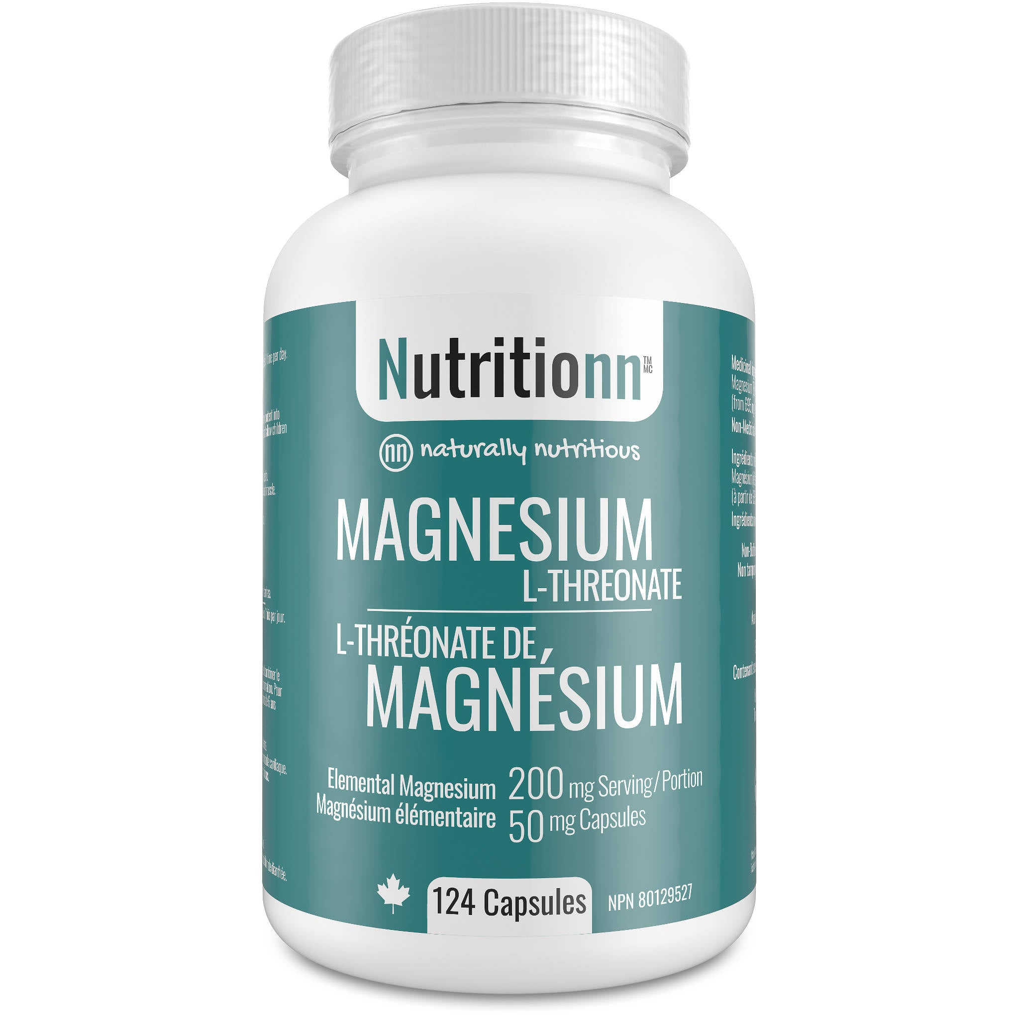 A bottle of Nutritionn Magnesium L-Threonate supplement with 124 capsules.